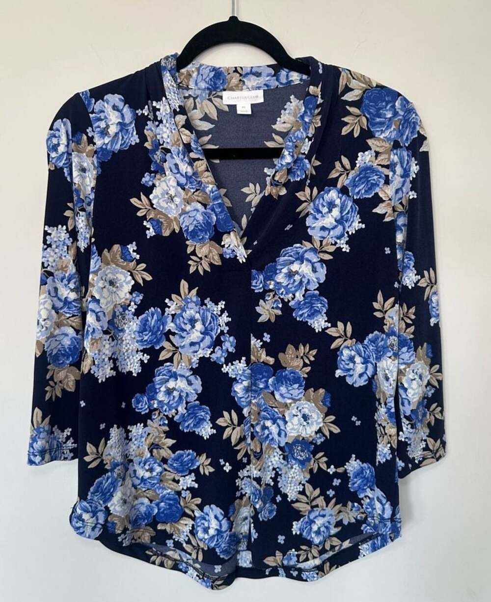 Charter Club Blue Floral V-Neck 3/4 Sleeve Top PS